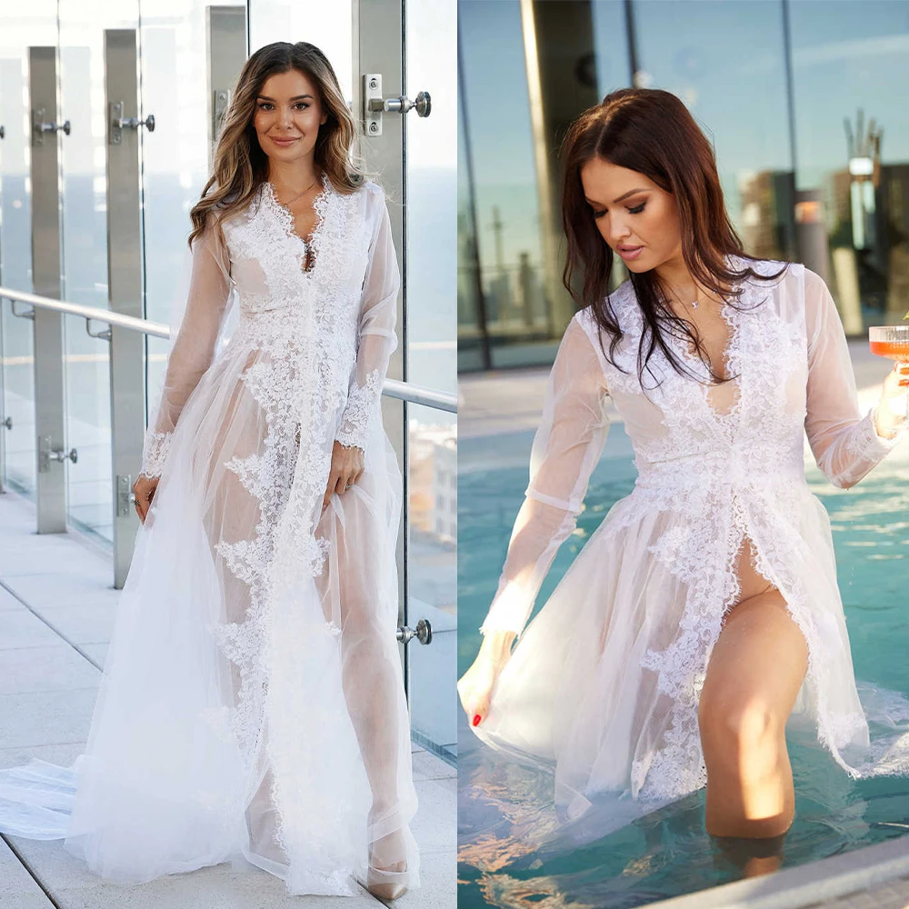 

Lace Women Dresses Shoot Sheer Robe Front Split Long Sleeves Bride Skirt Bridal Dress Boudoir Sleepwear Nightwear Pajamas