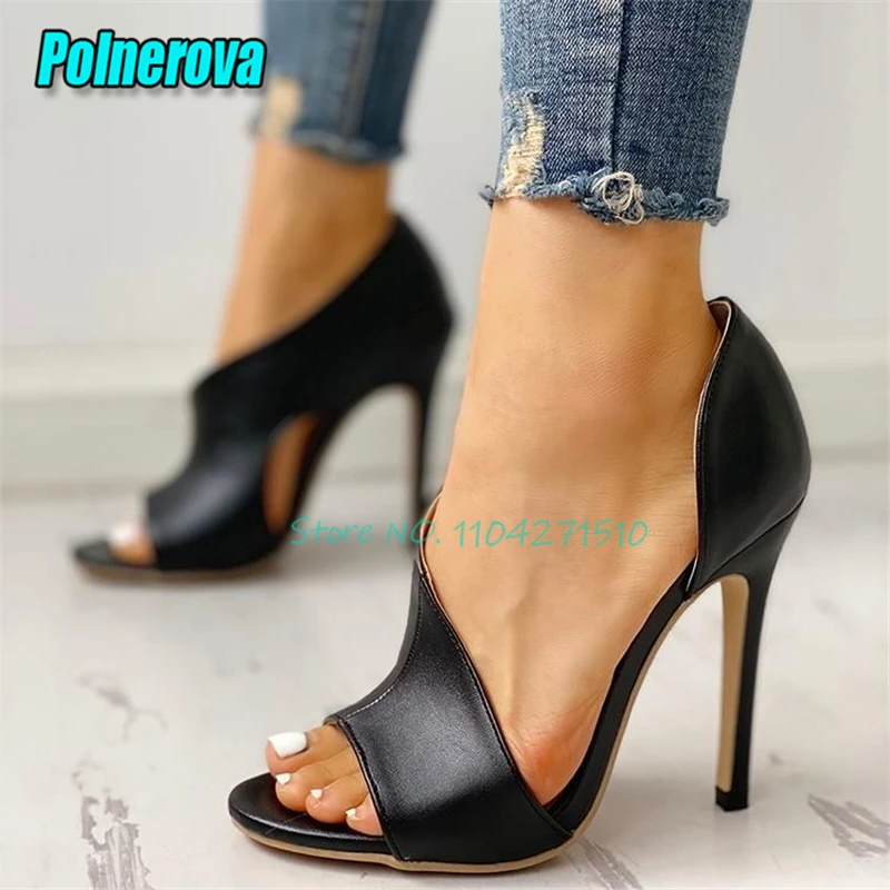 Women Open Toe Hollow High Heel Sandals Black Brown Matte Leather Slip On Stiletto Heels Pumps Banquet Party Dress Shoes