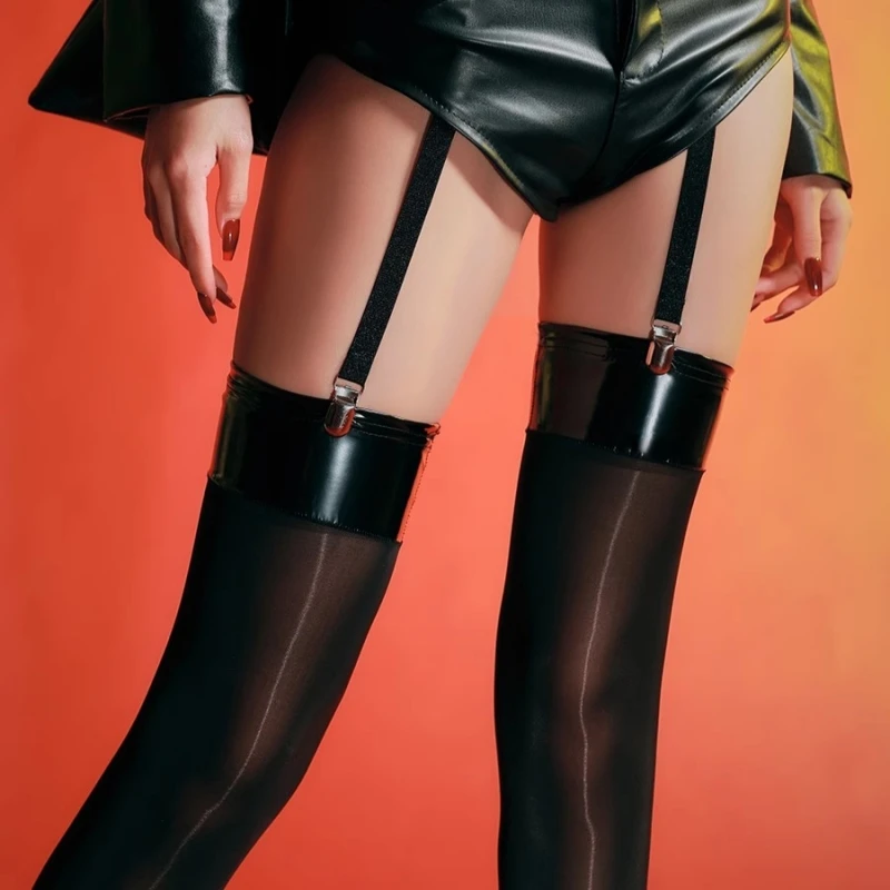 Rot Schwarz PU Leder Rib Cut Edge Oberschenkel Hohe Strümpfe 8D Öl Glänzend Stretching Nylon Medias Frauen Sexy Cosplay Dessous – Detail 9