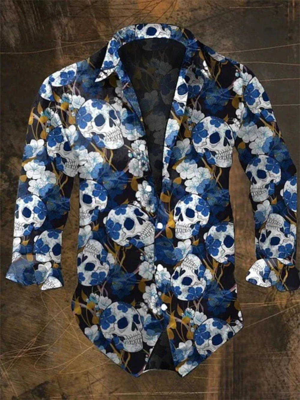 เสื้อเชิ้ตแขนยาวผู้ชายสไตล์ยุโรปและอเมริกา ลายพิมพ์ 3 มิติ ลายหัวกะโหลก สไตล์ดาร์ก แฟชั่นลำลอง ปี 2025