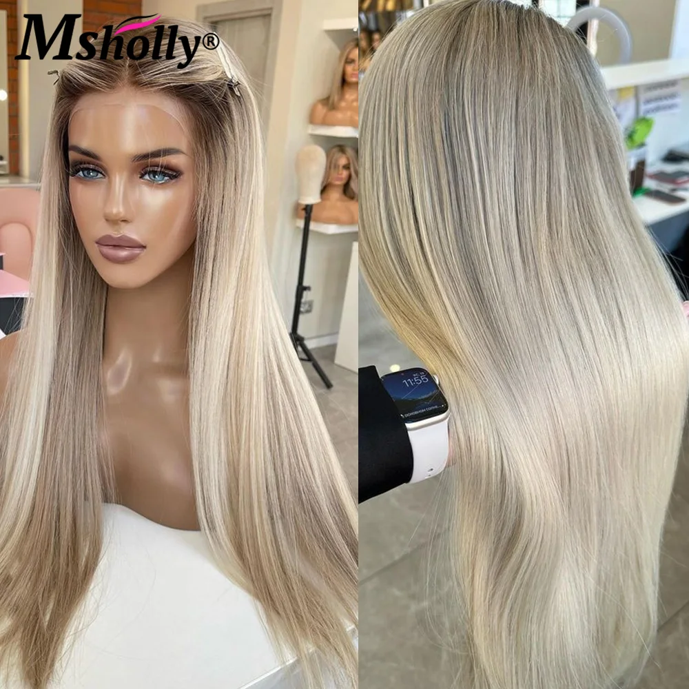 Ombre Ash Blonde Transparent Lace Wigs Human Hair Straight 13x4 Lace Front Wigs For Women Preplucked Blonde Remy Human Hair Wig