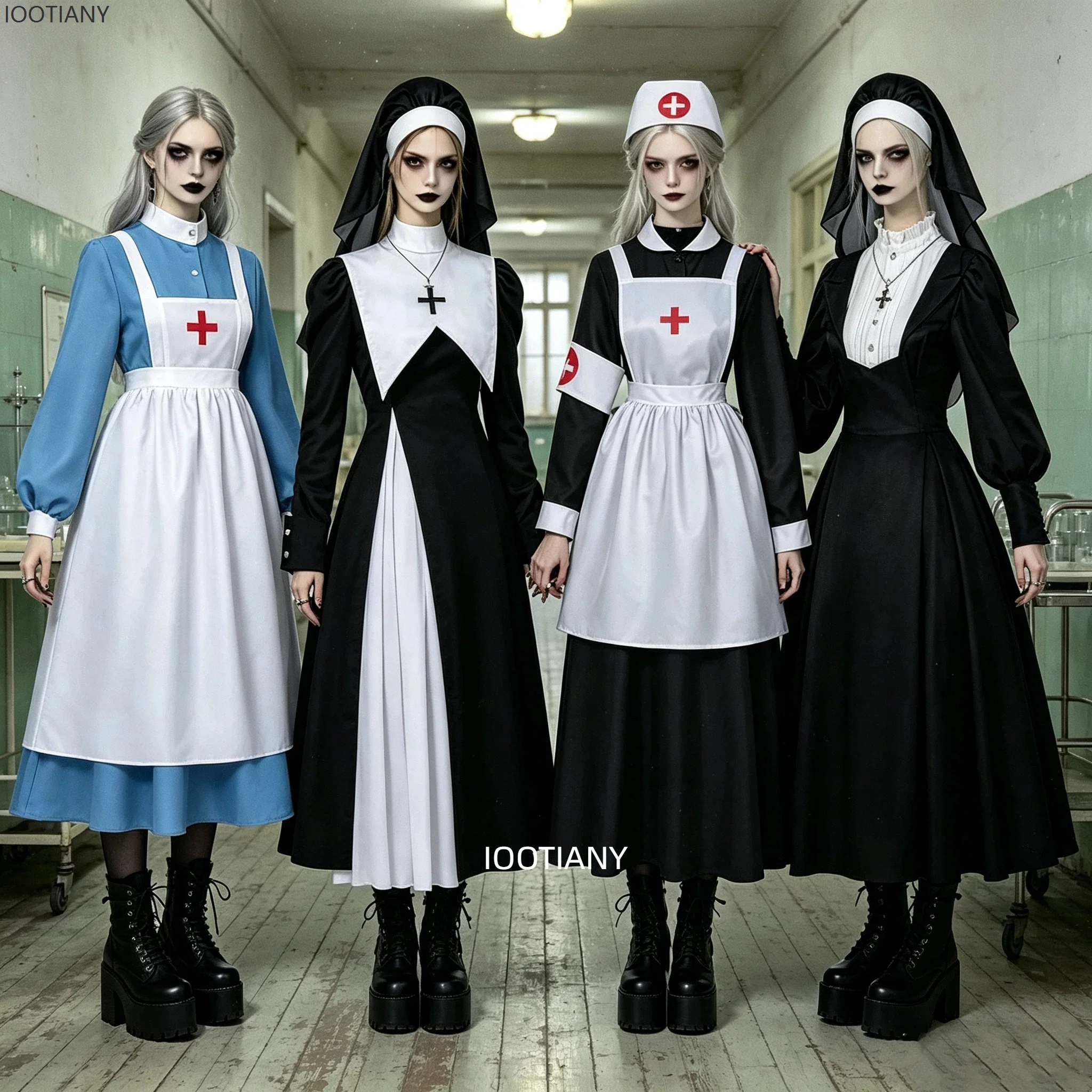 Damen Krankenschwester Nonnen Kostüm Puffärmel Weiße Schürze Gothic Halloween Horror Party Cosplay Event Kirchen-Themen-Outfit