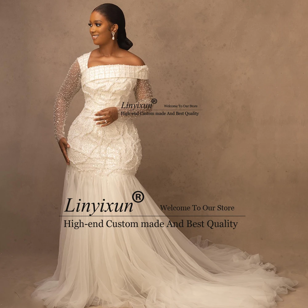 Romantische Parels Trouwjurken 2025, Lange Mouwen Fonkelende Zeemeermin Bruidsjurken Aangepaste hochzeitkleider damen Vrouw Jurk