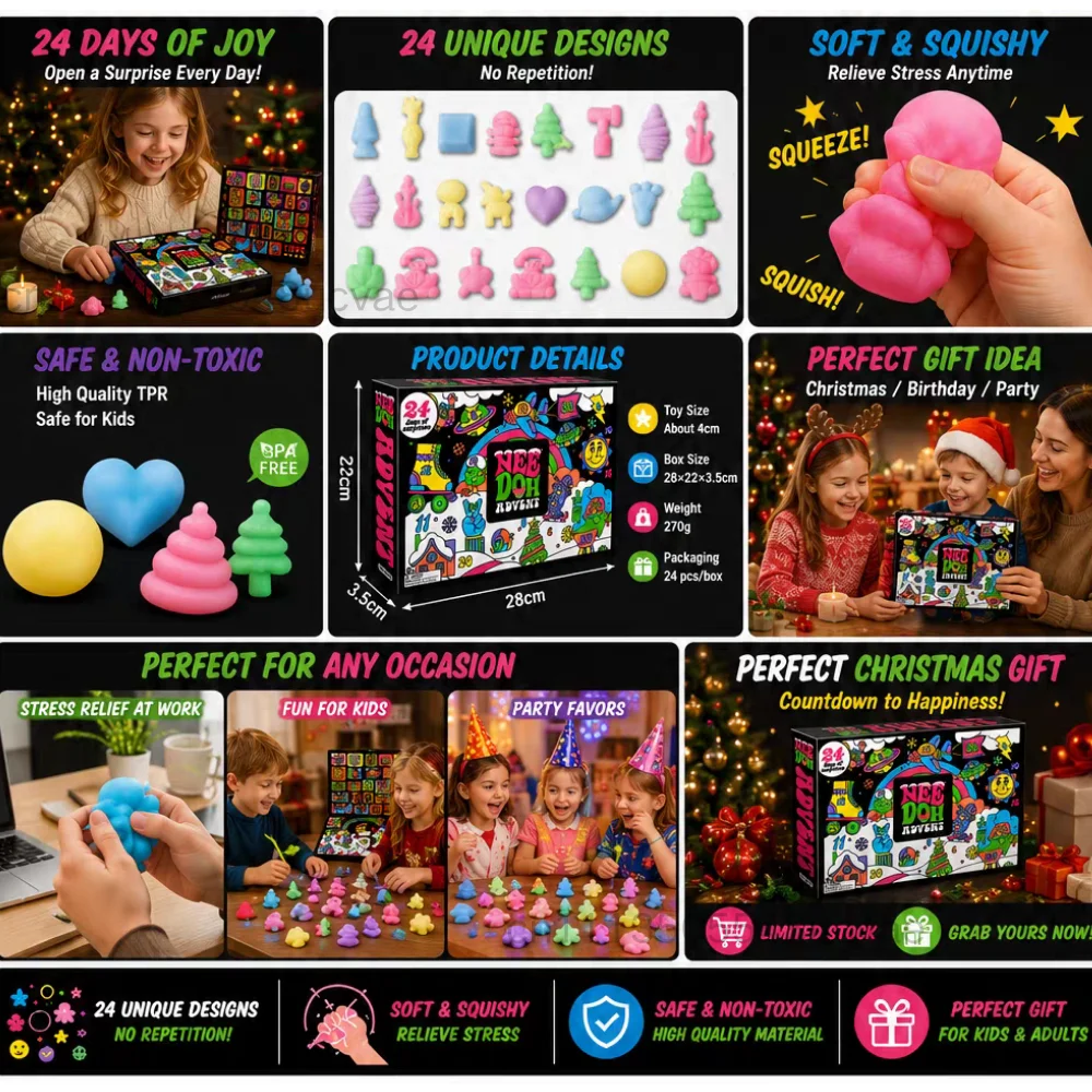 Nee Doh Christmas Countdown Advent Calendar 3D PVC Fidget Doll Surprise Box,Stress Relief Holiday Gift Toy