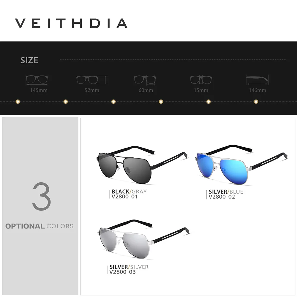 VEITHDIA العلامة التجارية الجديدة أزياء الرجال النظارات الشمسية UV400 المضادة للانعكاس الاستقطاب مرآة نظارات إطار معدني نظارات للإناث FA2800