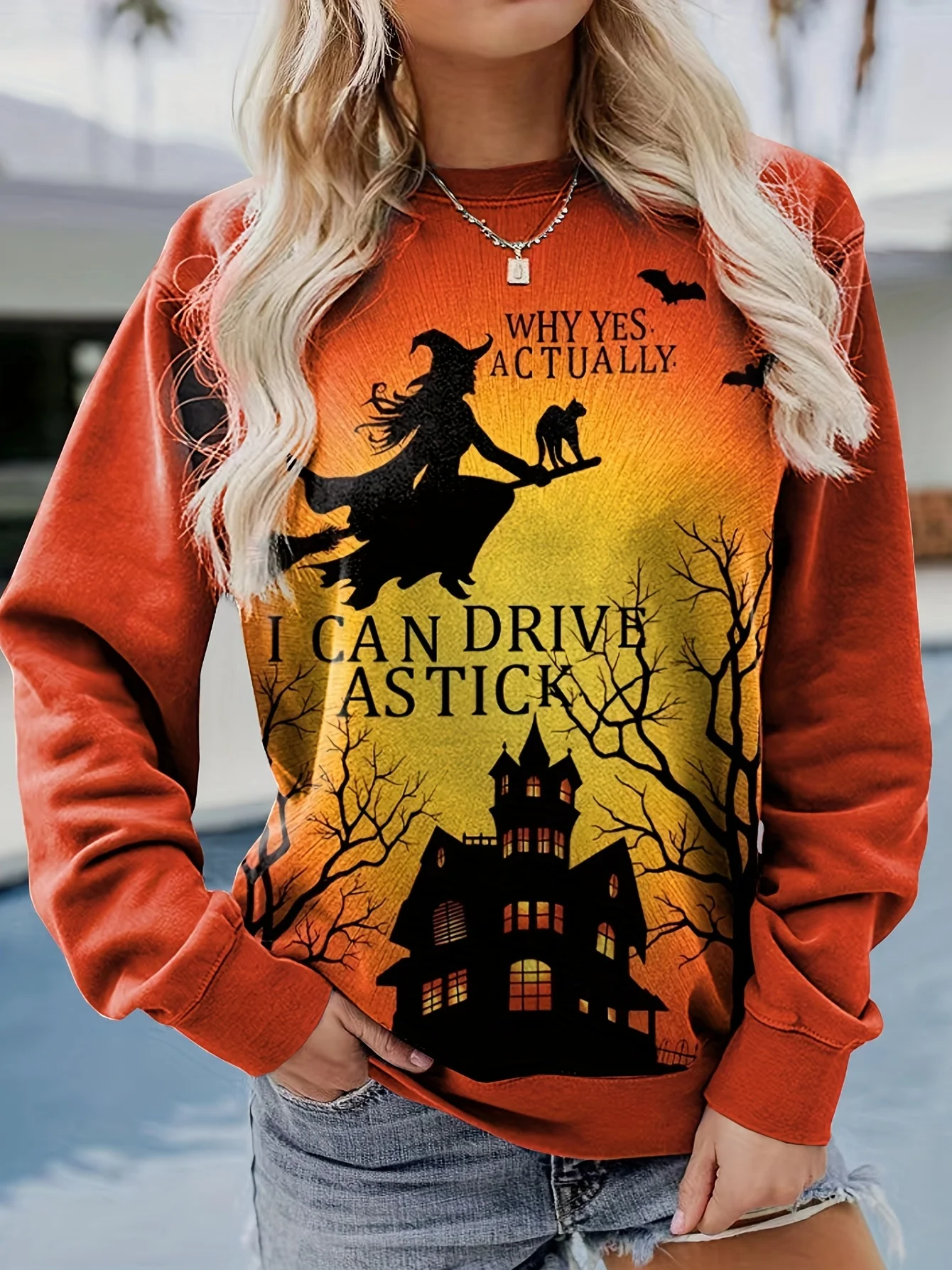 

Womens Witch & Castle Print Gothic Sweatshirt - Long Sleeve, Crew Neck