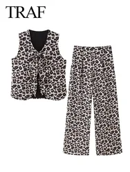 TRAF 2024 Elegant Women Vintage 2 Pieces Set Loose Casual Zipper Long Pants+Leopard Printed Sleeveless V Neck Tank Tops Vest