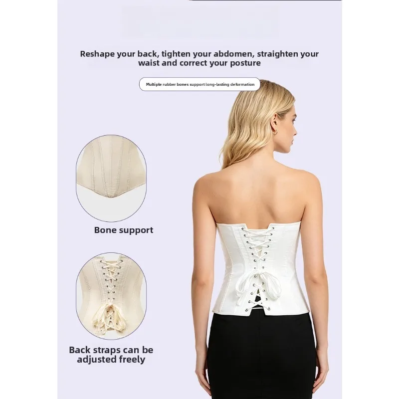 Solid Color Satin Corset Pointed Hem Figure Shaping Waist Cincher Women Versatile Strapless Corset view 6