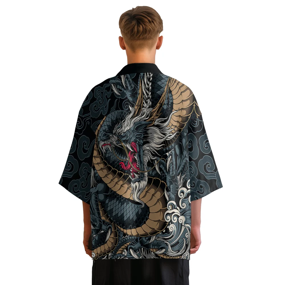 Summer Kimono Men Hawaiian Shirt Beach Cardigan Lucky Dragon Kimono Streetwear Women Yukata Japanese Clothes Bathrobes Haori