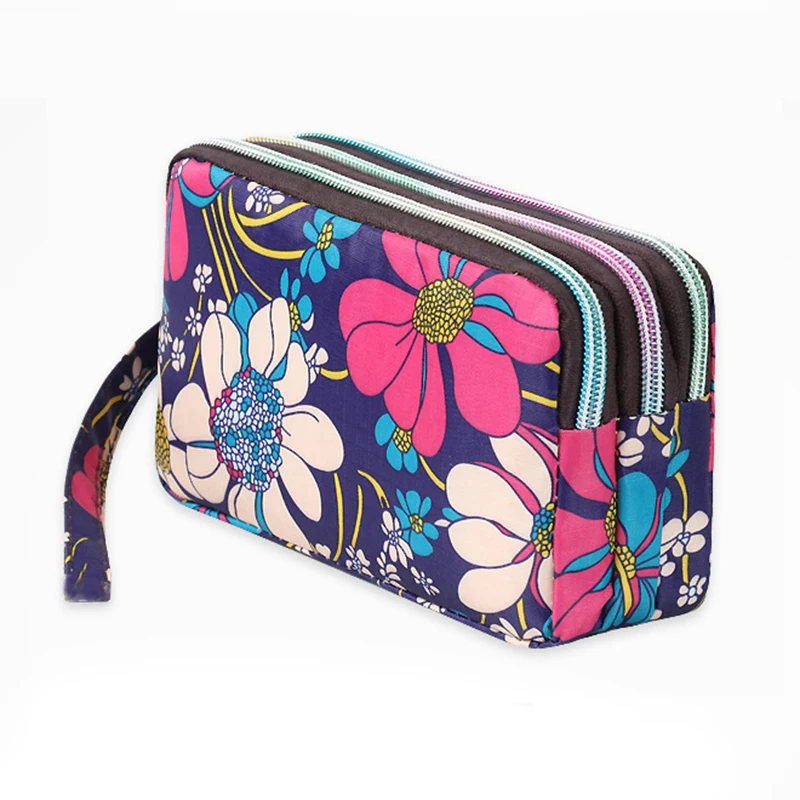 Vintage Floral Print Women Wallet Handbags With Wrist Strap Waterproof Larger Capacity Three-layer Canvas Long Wallet Coin Purse