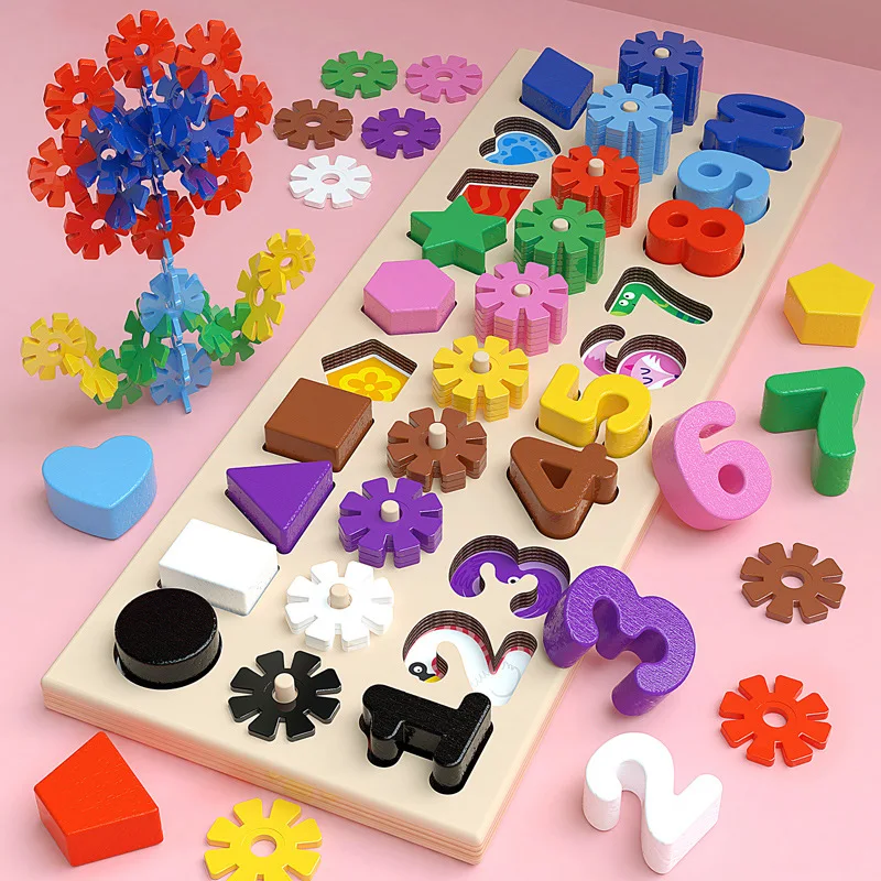 

Montessori Early Educational Wooden Toys For Children's Educational Number Count Snowflake Colors Stack Shape Board Puzzle Game