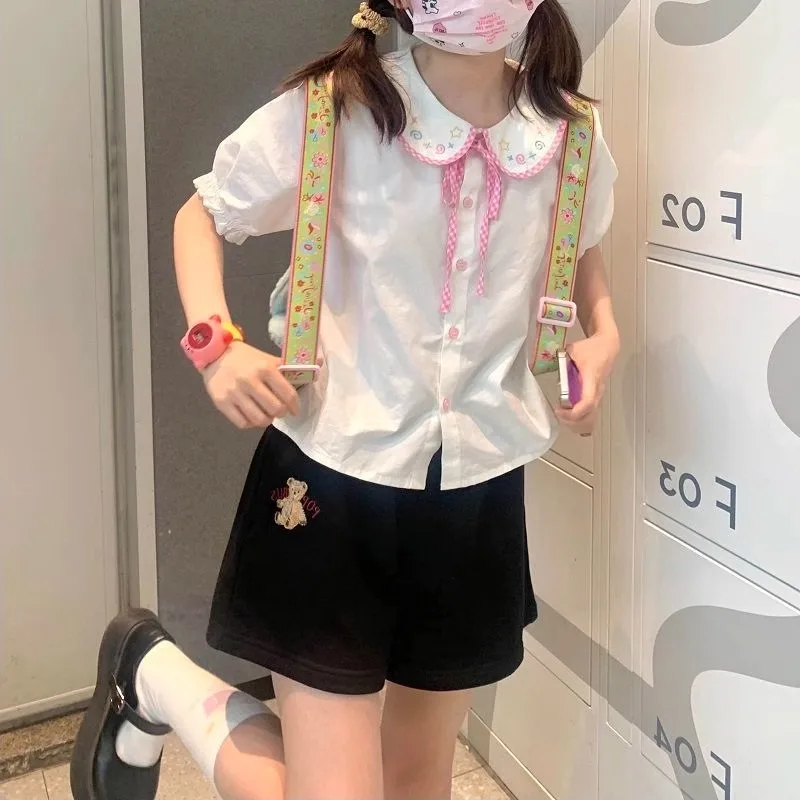 Japanese Doll Collar Cute T Shirt  Bubble Short Sleeve Blouse Female Sweet Loose Preppy Style Summer 2024 Casaul Harajuku Tops