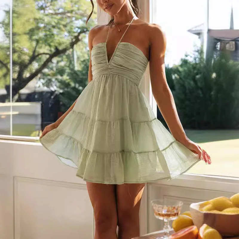 مثير بوهو الصلبة المرأة الصيف فستان قصير عادية عارية الذراعين الرسن الخامس الرقبة أكمام شاطئ فستان الشمس أنيقة فساتين قصيرة فام