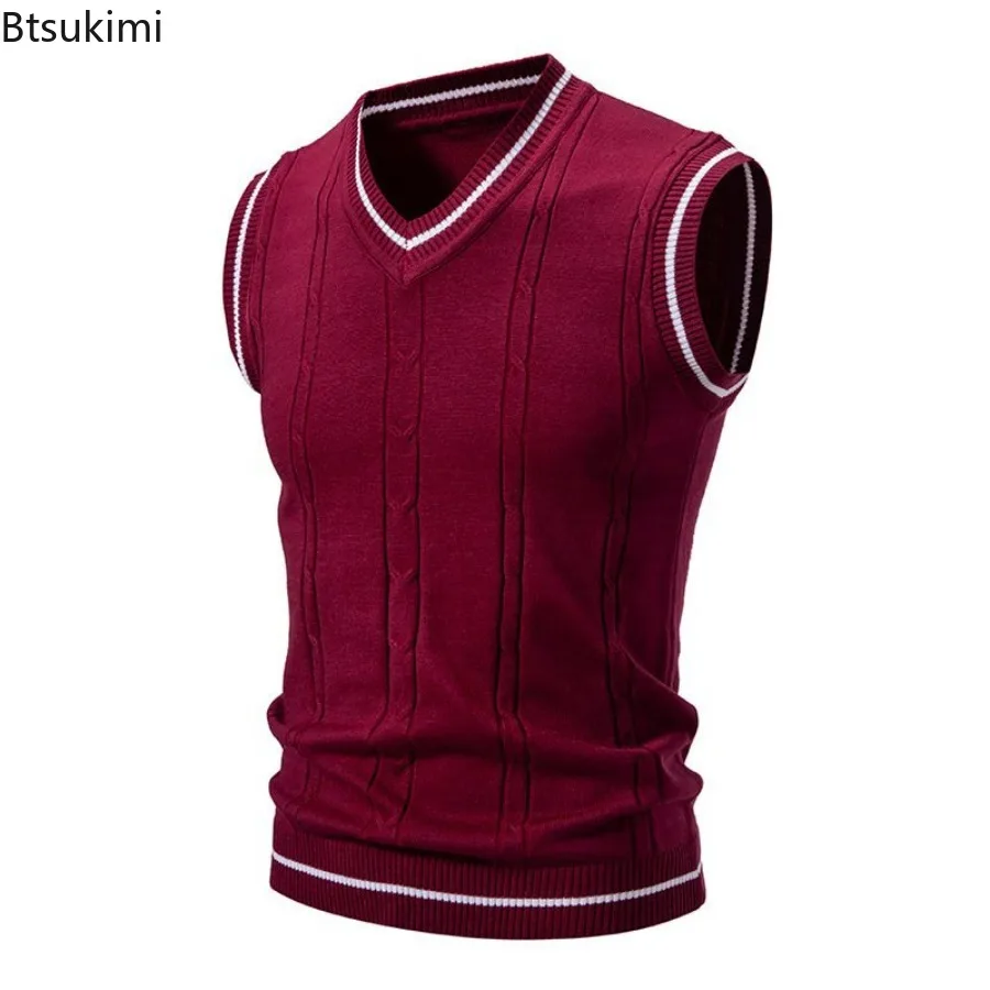 2025 Fashion Men's Knitted Sweater Vest Autumn Winter V-neck Sleeveless Slim Pullovers Casual All-match Patchwork Knit Vest Male