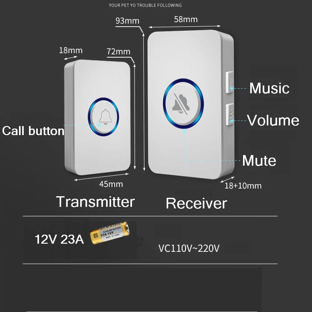 جرس باب لاسلكي مقاوم للماء مع جهاز تحكم عن بعد ، جرس اتصال منزلي ، حلقة إضاءة ليد ، 60 دقات ، 4 مجلدات ، قابس أمريكي ، AC-way-209 V ، aaa
