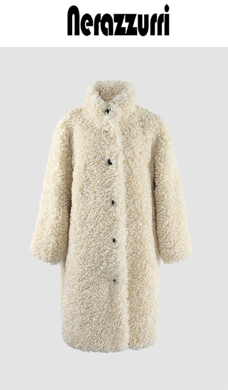 Nerazzurri Winter Long Oversized Fuzzy Thick Warm Soft Fluffy Faux Fur Coat Women Single Breasted Loose Casual Korean Fashion