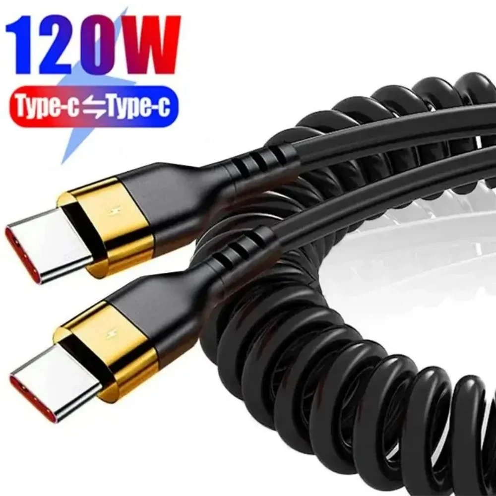Cable de Carga Rápida Tipo C a Tipo C de 120W 5A, Cable USB con Resorte para Carga Rápida en el Auto, Cable de Datos para iPhone, Xiaomi 15, Samsung S23
