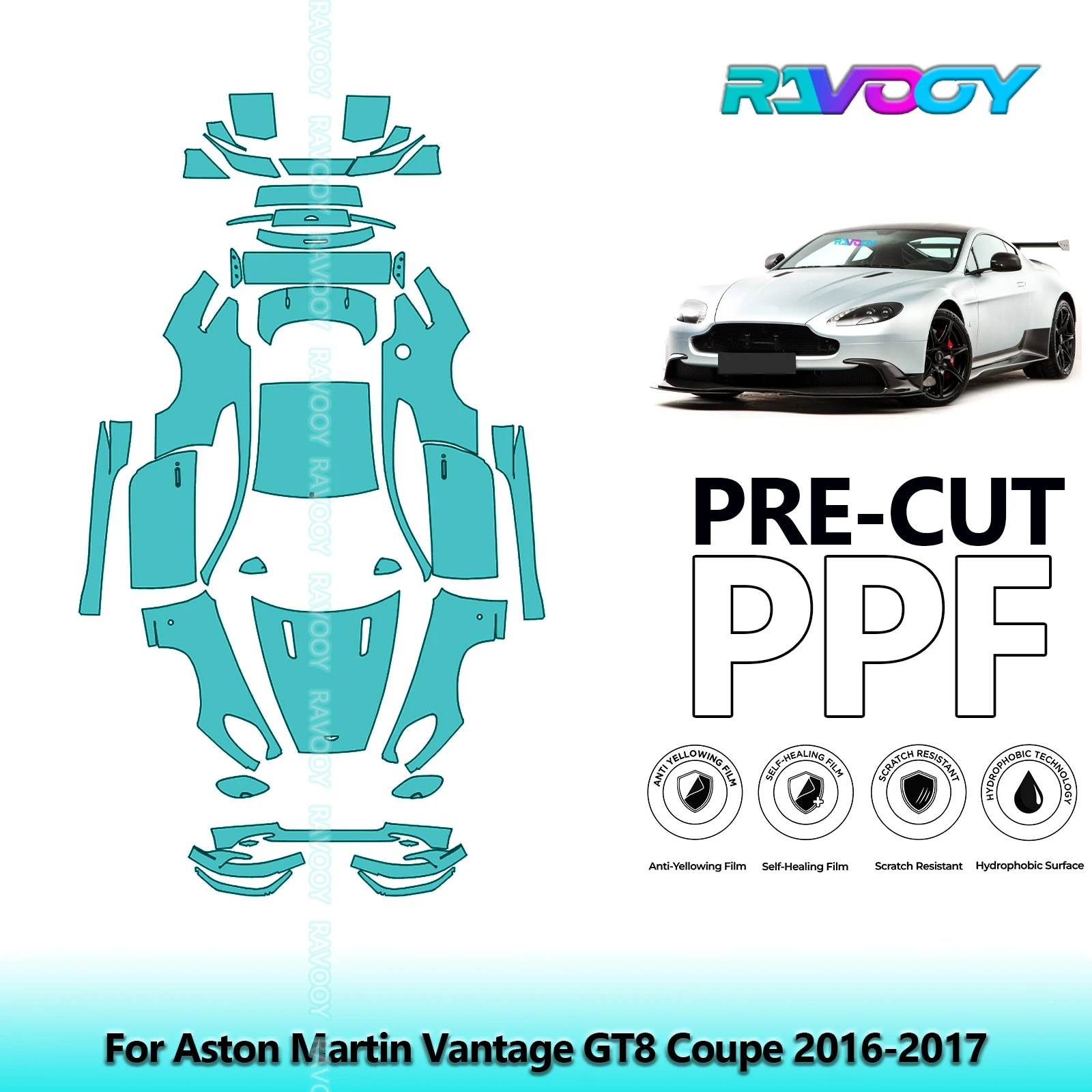 RAVOOY Custom-Fit Precut TPU PPF Full Vehicle Clear Bra Stone Guard EU UK For Aston Martin Vantage GT8 Coupe 2016-2017