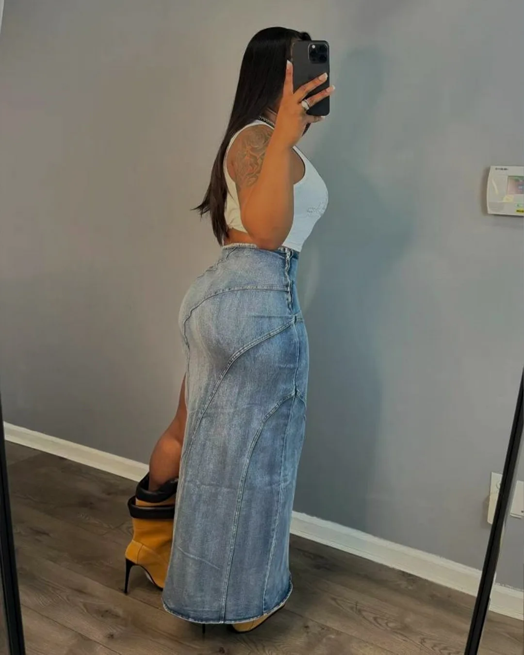 Women's Fashion Open Design High Slit Stretch Denim Long Skirt Streetwear Jean Dress Birthday Summer Night Clubwear