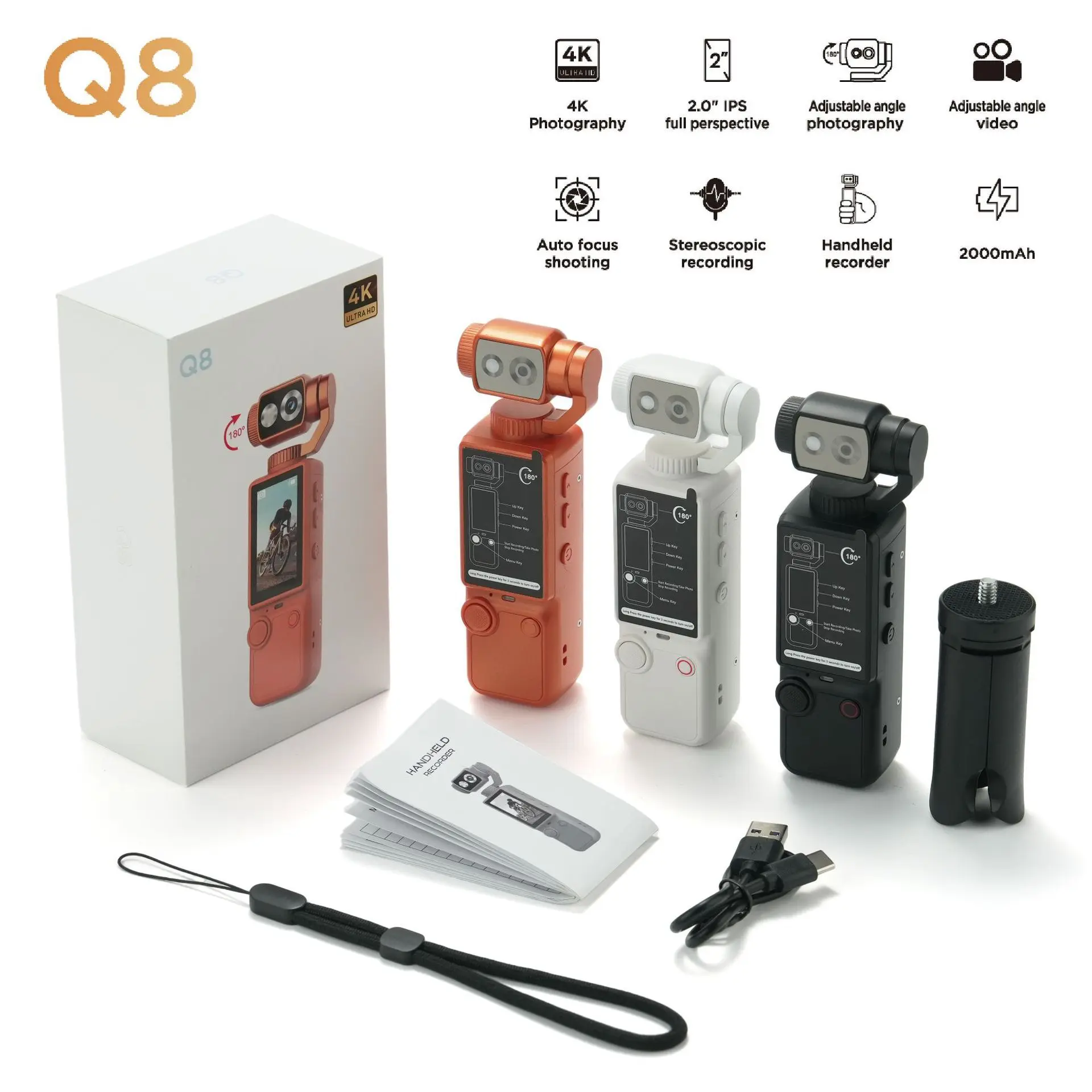 Q8 Handheld Outdoor Sports Camera Ultra Clear Auto Focus Portable Pocket Video Camera  for Meeting Recording
