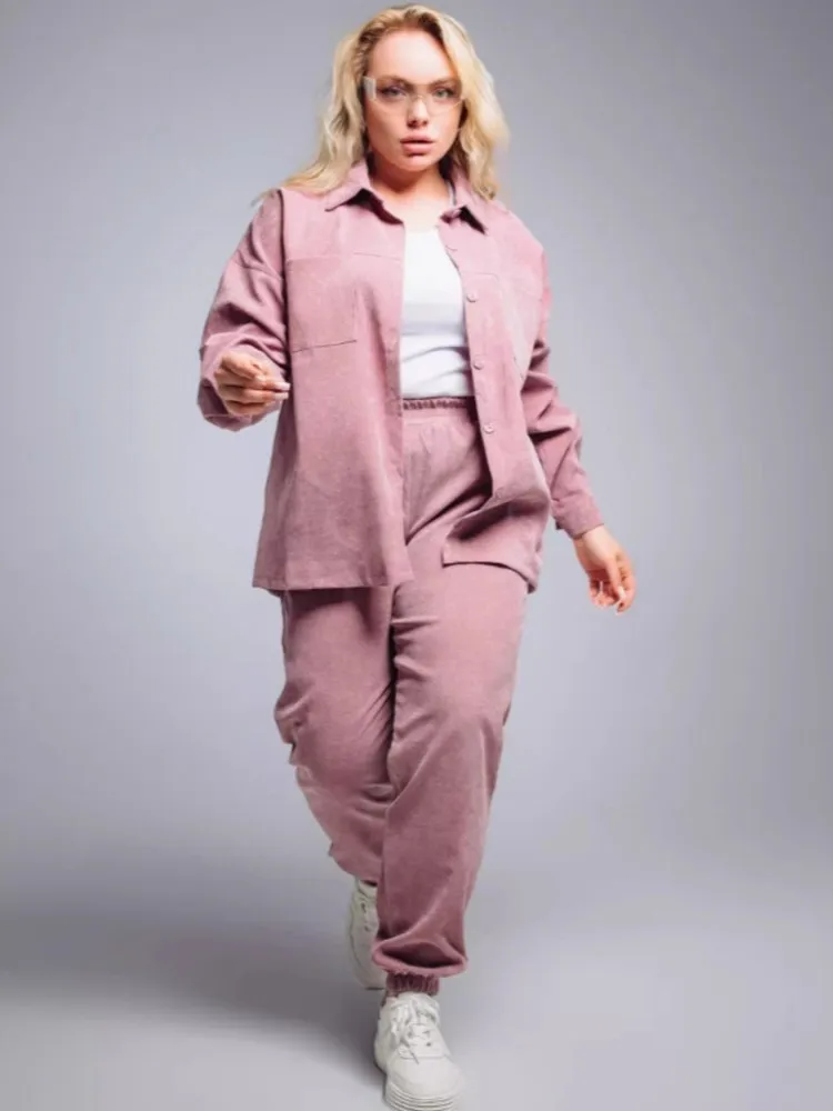 

Womens Casual Shirt Pants Suit Autumn Loose Button Blouse Coat + Pants 2 Piece Sets Winter Fashion Street Solid Outfits Female