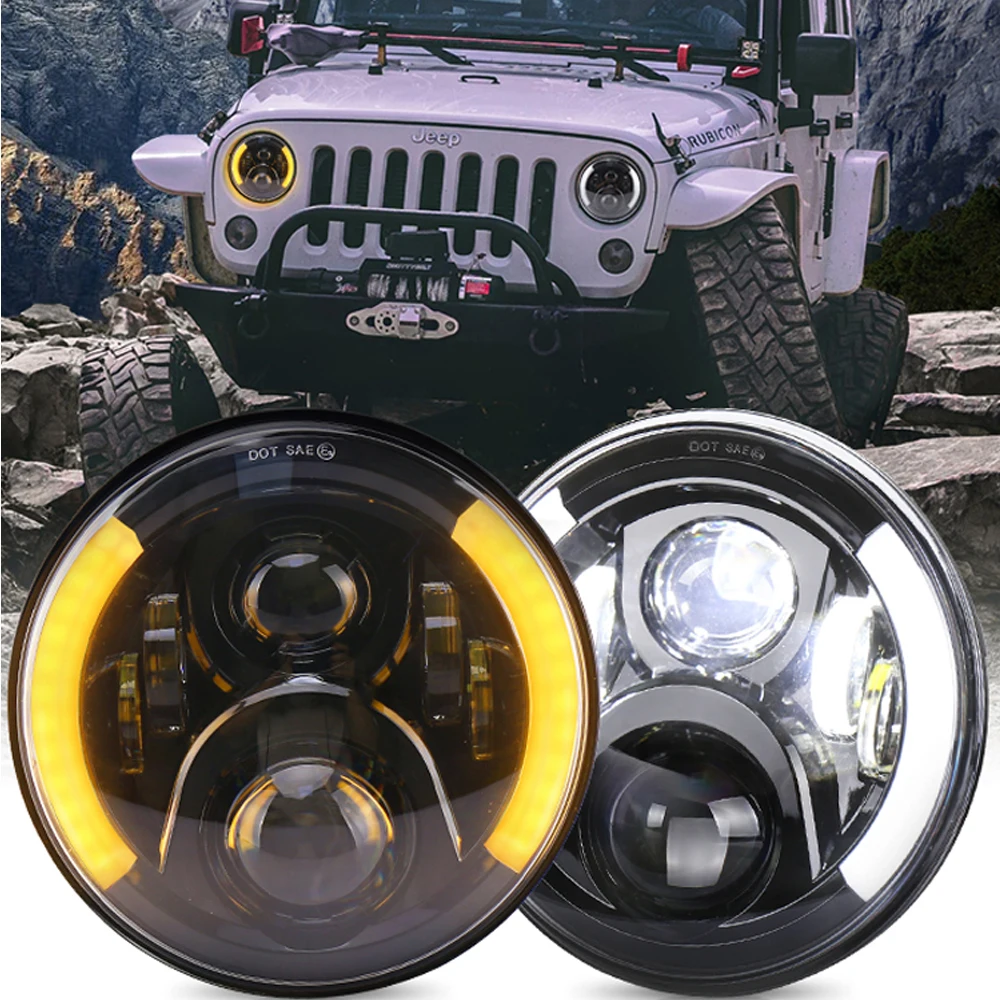 POVTOR 1Pair 12V 7 Inch Led Headlights with High Low Beam DRL Amber Yurn Signal for Jeep Wrangler JK Land Rover Defender 90