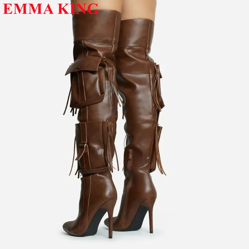 Winter Autumn Women Pocket Fringe Thigh High Black Brown Pointed Toe Over The Knee Boots Ladies High Heel Shoes Long Boots Woman