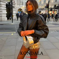 KONDALA, chaquetas informales elegantes de cuero negro para mujer, abrigos elásticos de manga larga con botones, abrigos de gran tamaño a la moda, ropa de calle de primavera 2026