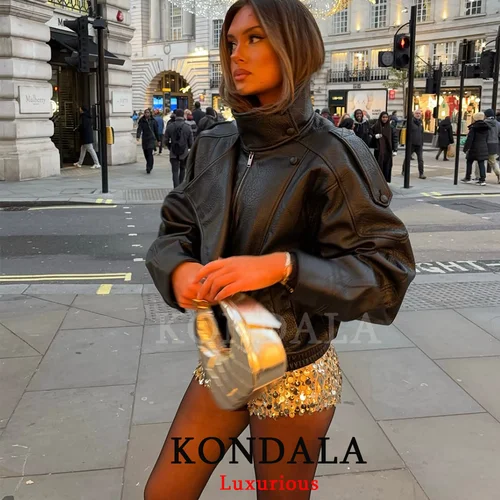 KONDALA, chaquetas informales elegantes de cuero negro para mujer, abrigos elásticos de manga larga con botones de gran tamaño, moda de otoño 2026, abrigos de calle
