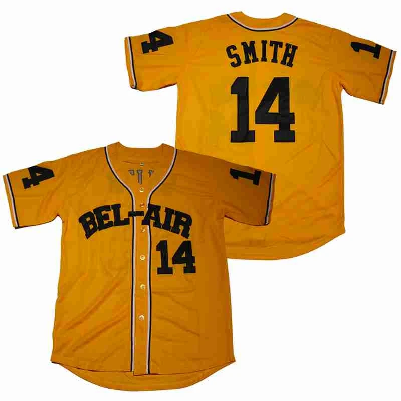 Men Baseball Jerseys Fresh Prince Bel-air 14 Smith High Quality Sports Outdoor Sweatshirt Sewing Embroidery Yellow V-neck New