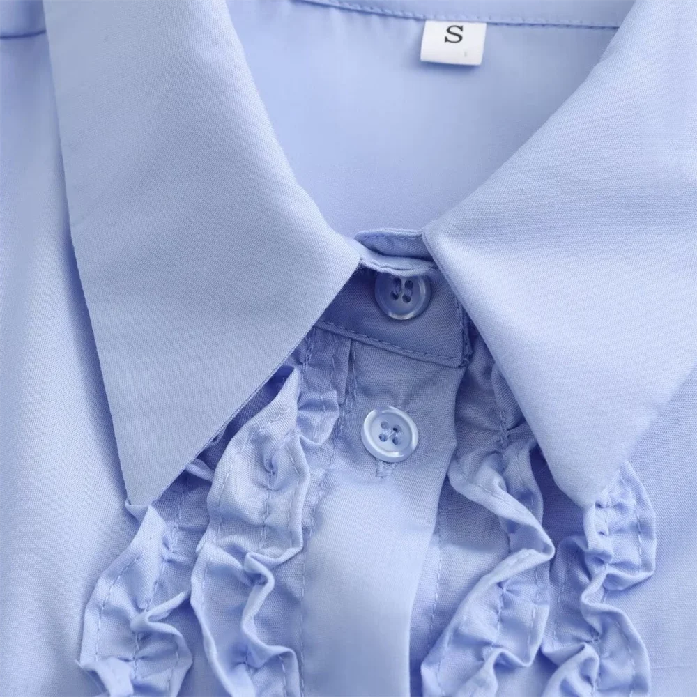 Taop&Za 2024 Women\'s temperament versatile loose layered decoration sky blue lapel long sleeved shirt