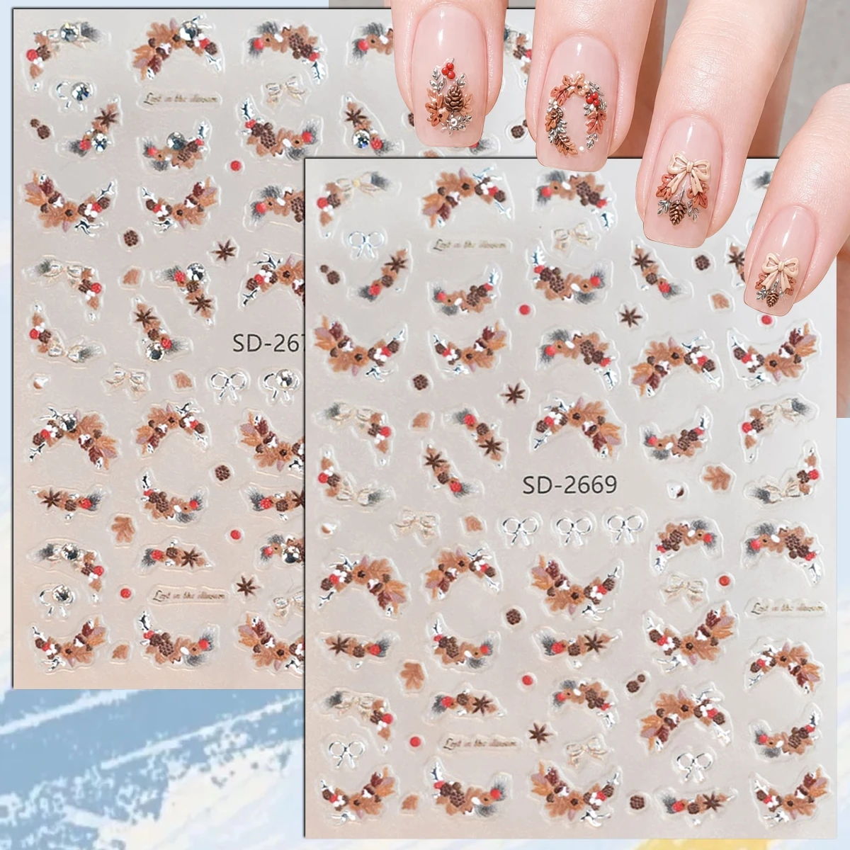 2 to 8 Sheets 5D Pinecone Red Berry Maple Leaf Wreath Bow Rustic Woodland Xmas Self-Adhesive Nail Art Stickers