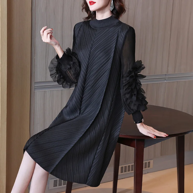 Miyake Ruffles Sleeves Pleated Dress For Women Turtleneck Neck Solid Color Stitching Dresses Female Elegant Clothing 2024 new