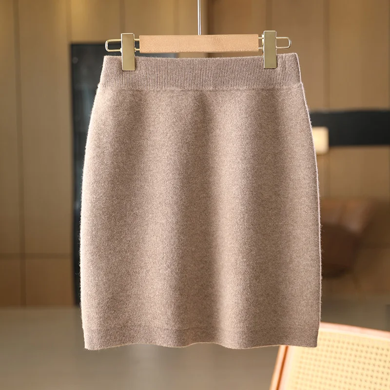 

Women Wool Skirt Elastic Waist Mini Slim Skirts Spring Autumn Winter 100% Merino Wool Knitted Office Lady Above Knee Short Skirt