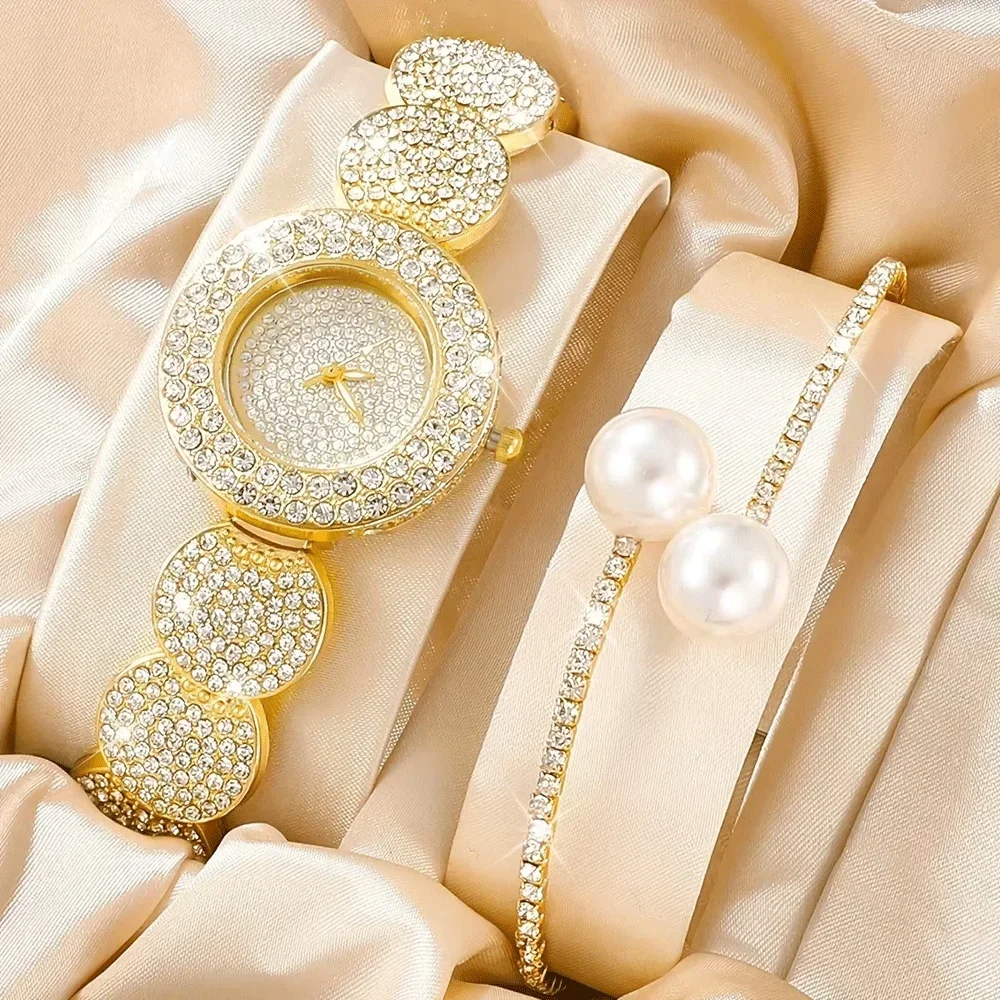 Women's Watch Luxury Rhinestone Quartz Bracelet Watch & Faux Pearl Bangle, Gift For Mom Her