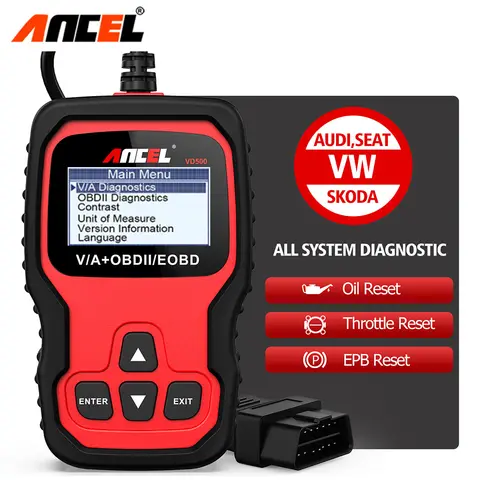 ANCEL 폭스바겐 VW 아우디 스코다 시트 체크 엔진 라이트, EPB ABS SRS 코드 리더, 자동차 진단 도구, VD500 OBD2 스캐너