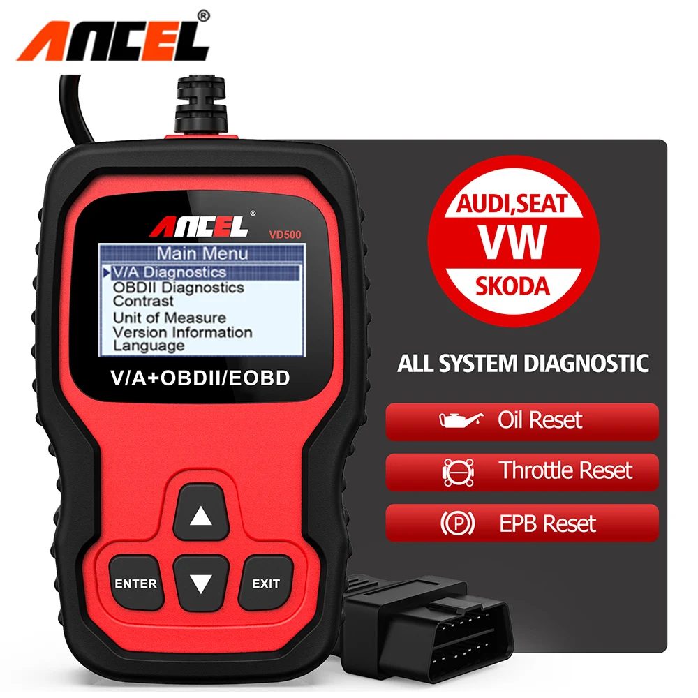 ANCEL 폭스바겐 VW 아우디 스코다 시트 체크 엔진 라이트, EPB ABS SRS 코드 리더, 자동차 진단 도구, VD500 OBD2 스캐너 