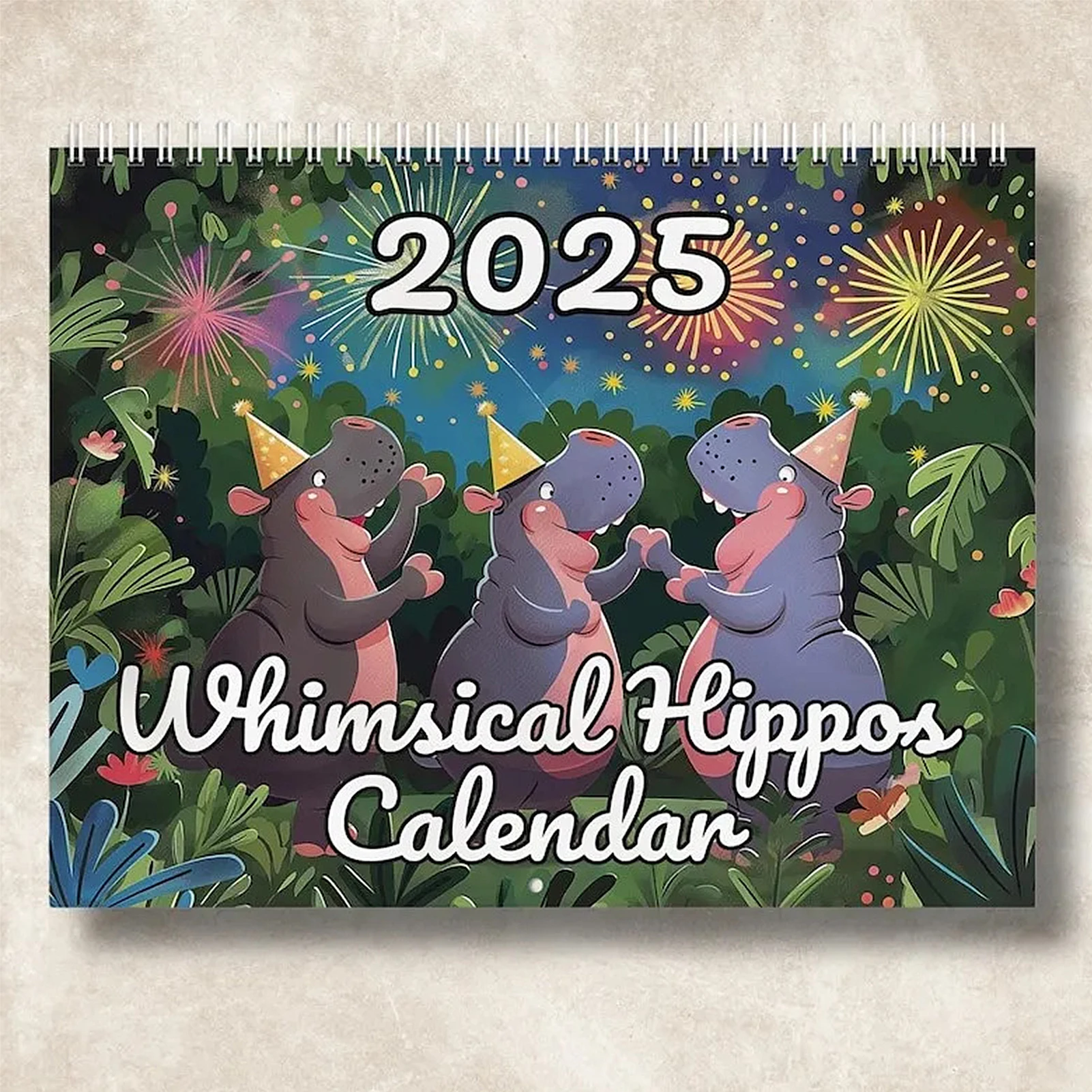 Whimsical Hippos Calendar 2025 12 Months Wire-Binding Wall Calendars for Study Bedroom Office Use