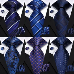 Hi-Tie Navy Blue Striped Plaid Fashion Mens Elegant Tie Handkerchief Cufflinks Set Wedding Party Accessories Gift for Men Gravat