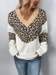 Women's casual leopard print V-neck sweater long sleeved loose fitting pullover sweater knitted sweater jumper top