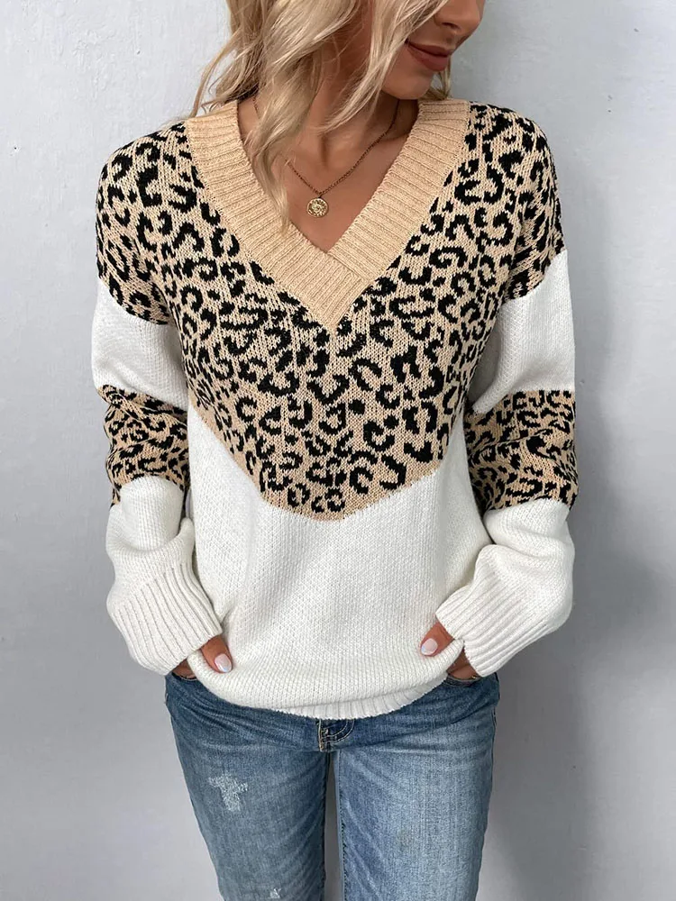 Damski sweter w panterkę z dekoltem w kształcie litery V, z długim rękawem, luźny sweter sweter z dzianiny sweter top