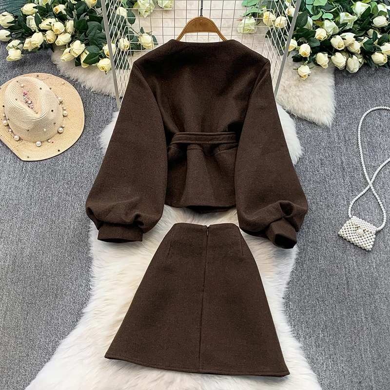 French style round neck single breasted bubble sleeve with belt jacket+slim fit A-line short skirt elegant two-piece set