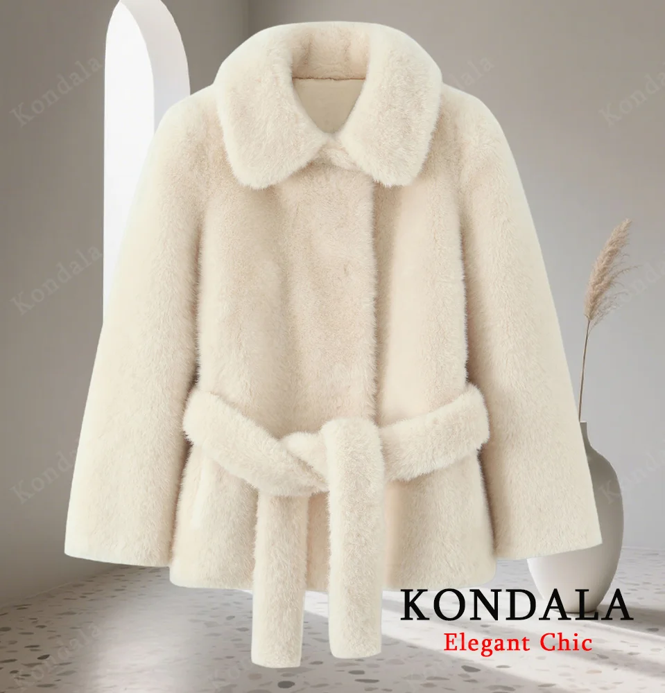

KONDALA осень-зима женское роскошное элегантное пальто с поясом из искусственного меха с лацканами короткое пальто 2025 новое модное уличное романтическое женское пальто