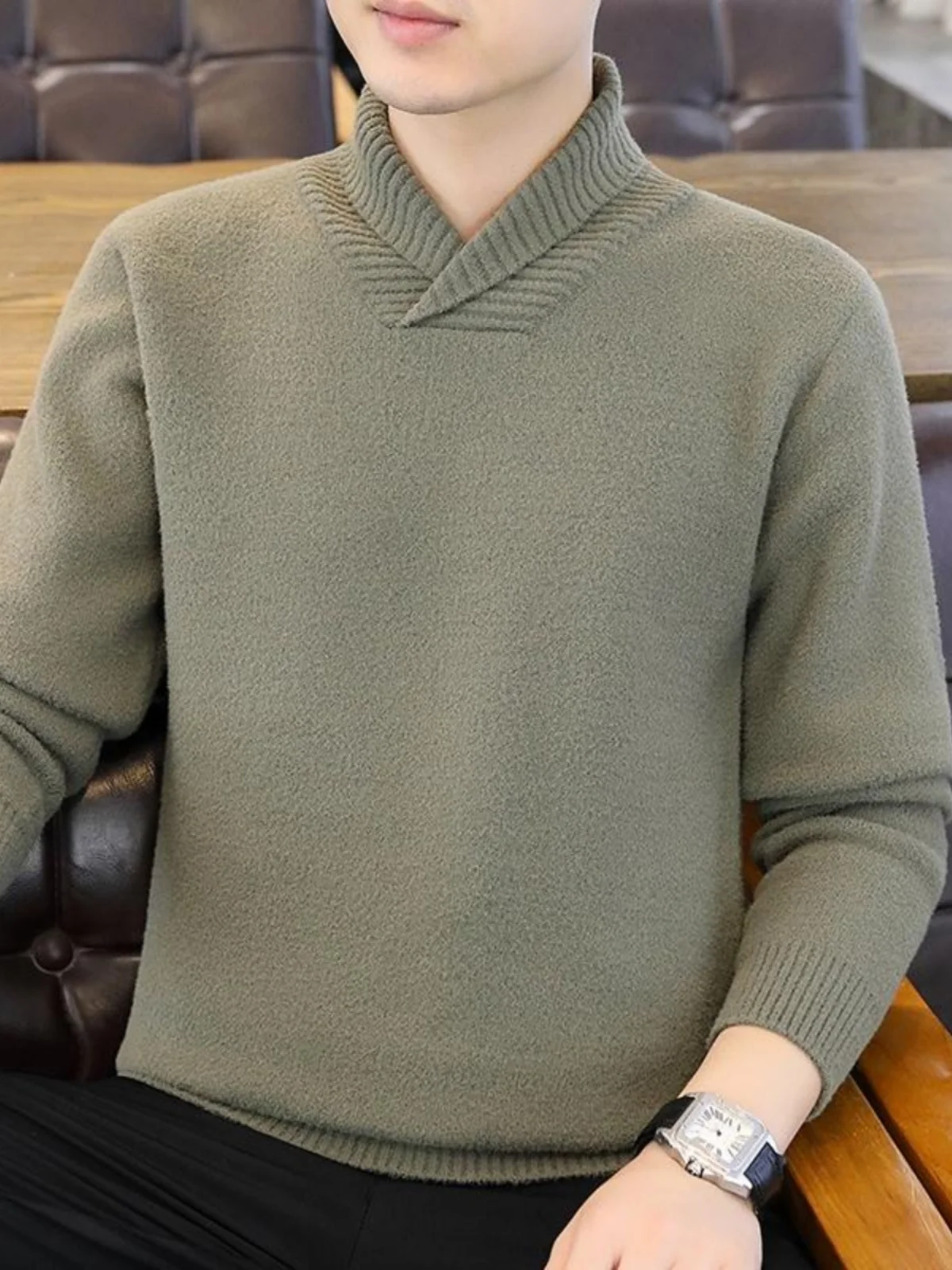 

Мужской зимний теплый вязаный свитер с V-образным вырезом, с начесом, деловой стиль, с длинным рукавом, базовый однотонный топ