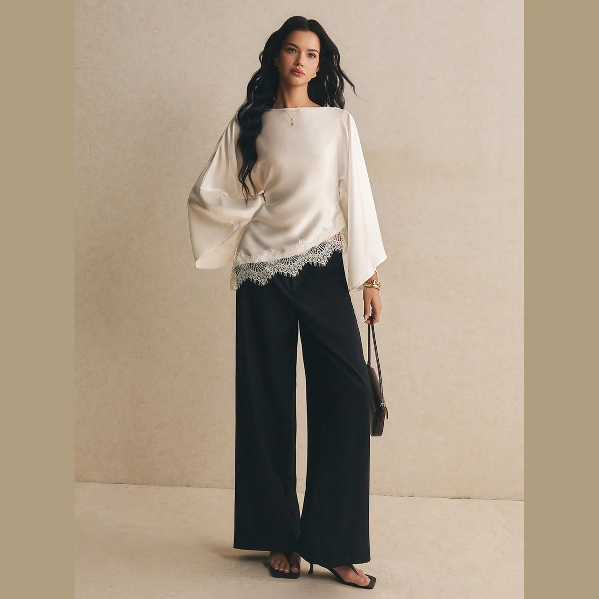 Boat Neck Lace Hem Blouse Elegant Satin Top Flowing Loose Solid Color Flared Sleeve Shirt Office Lady