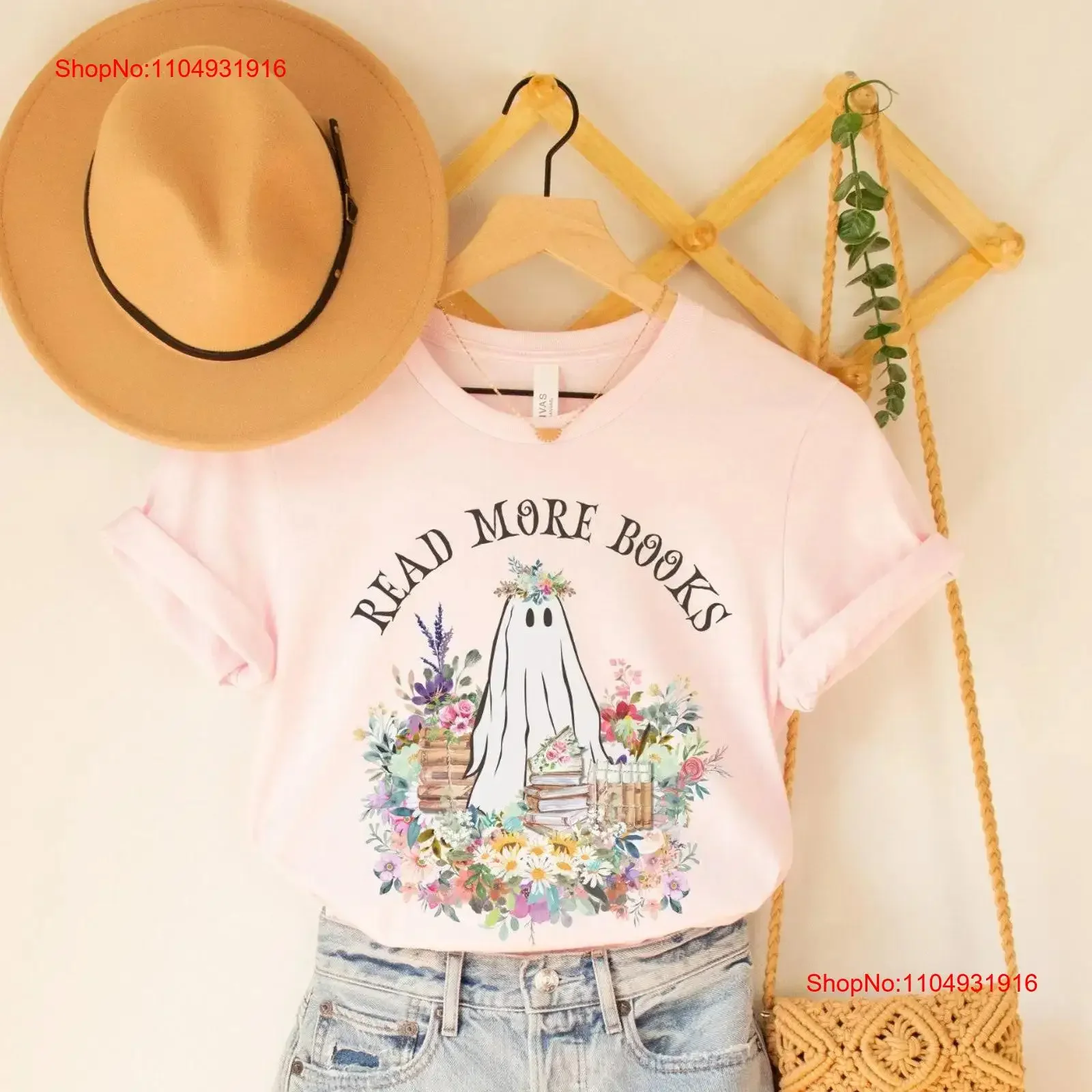 

Read More Books T Shirt Cute Floral Ghost Teacher for Librarian Bookish Book Lover Halloween vintage Washed Soft streetwear