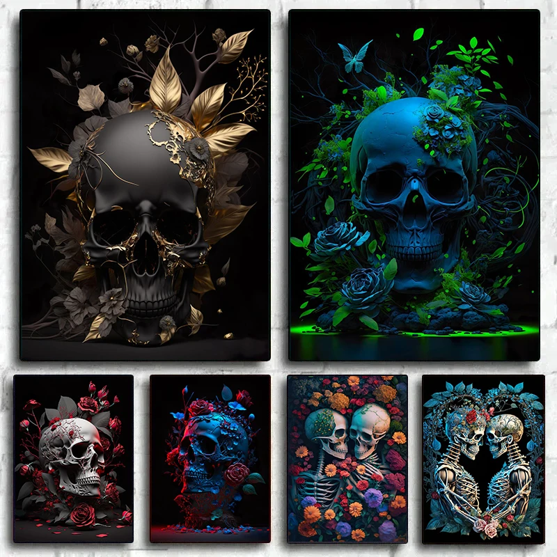 （2D canvas painting）Abstract Floral Skeletons Skulls Lover Poster And Prints Canvas Painting Vintage Flowers Wall Art For Liv