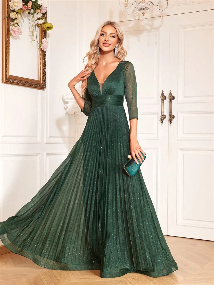 BLUEPLUM Luxury Long Sleeve Formal Evening Dress V-Neck Floor-Length Gown Women Elegant Party Chiffon A-line Prom Cocktail Dress