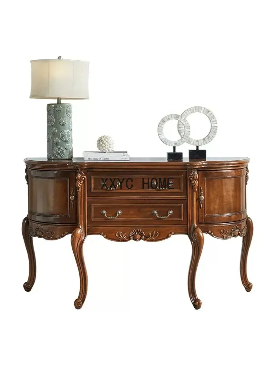 

Solid Wood Porch Hall Cabinet Table European Style Living Room Partition Storage Sideboard Cabinet Vintage Engraving Console