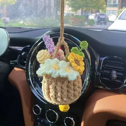 Cute Potted Plants Crochet Car Basket,Hanging Bouquet Crochet for Car Decor,Car Ornament Rear View Mirror Hanging Accessories